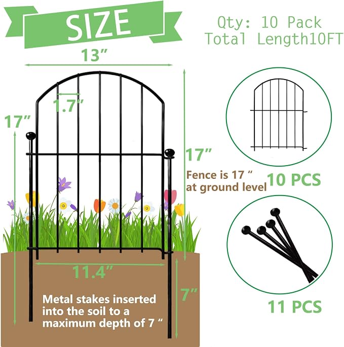 Decorative Garden Fence 17in x10ft, 10 Pack Rustproof Metal No Dig Fence Animal - Image 2