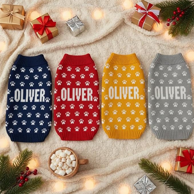 Custom Pet Knit Sweater with Name Personalized Dog Cat Outfit Paw Pattern - Image 5