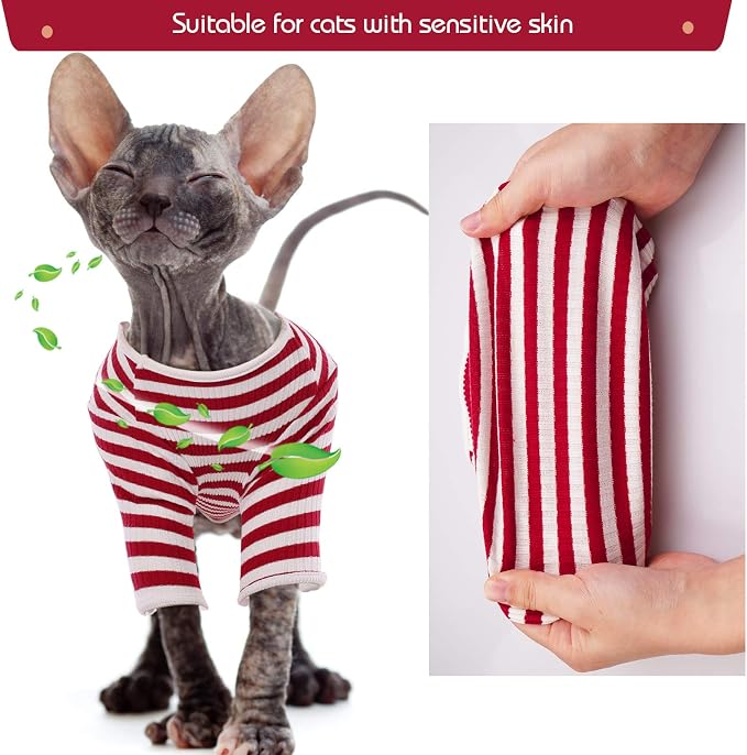 DENTRUN Hairless Cats Shirt Breathable Cat Daily Wear Clothes Stripe Vest - Image 4