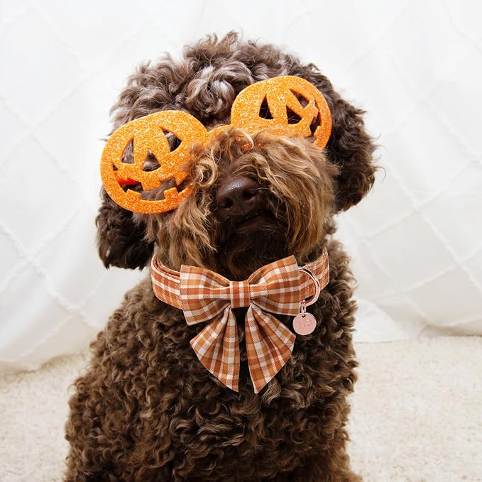 Fall Plaid Dog Collar and Bow Tie Set – Brown Orange Checkered Adjustable Collar - Image 6