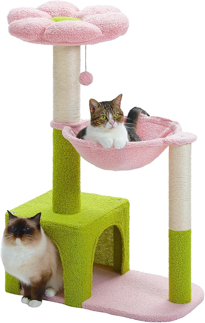 Flower Cat Tree with Large Metal Frame Hammock, Cat Condo with Pink Top Perch by MUTTROS