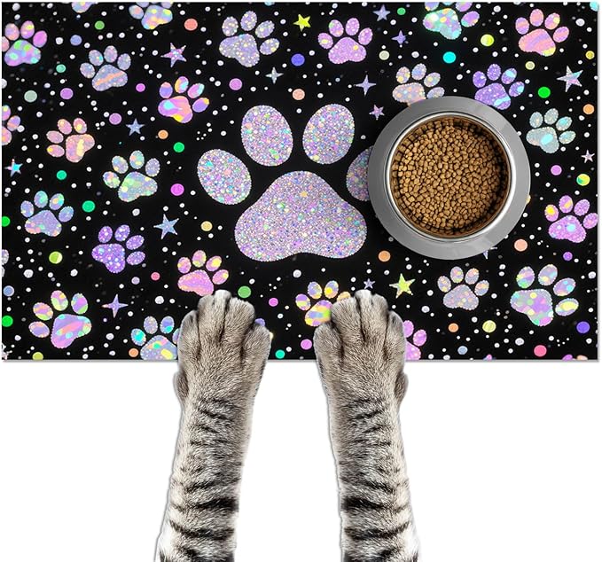 Pet Feedings Mats 20x12 inch Glitter Paw Print Pet Bowl Placemat Non Slip Mat by HOMETITUTE