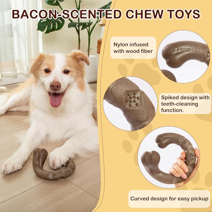 Tough Dog Toys for Aggressive Chewers, Bacon Scented & Curved Nylon Bone to - Image 3