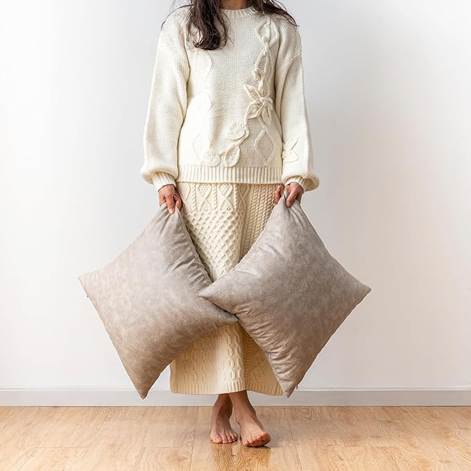 Pack of 2 Neutral Decorative Faux Leather Throw Pillow Covers, Boho Luxury - Image 2