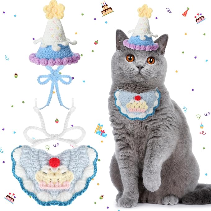Sanwuta 2 Pcs Cat Birthday Party Supplies, Knit Cat Hat Kitten Birthday Bib by Sanwuta