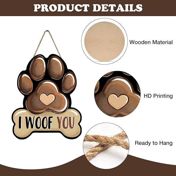 Dog Paw Prints Front Door Sign, I Woof You Bone Wood Hanger Outdoor Outside - Image 3