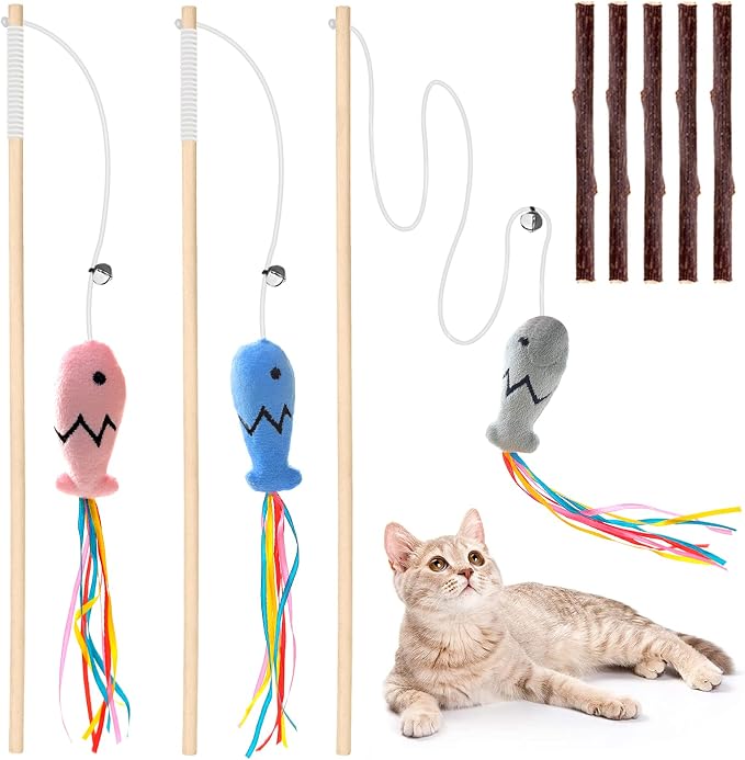 Natural Wood Cat Wand Toy with Ribbon Fish Teaser by Plant+Castle
