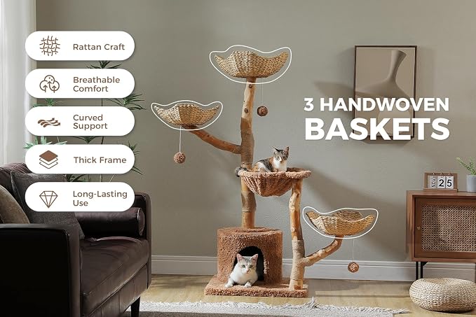 59" Cat Tree Tower with Real Solid Wood Natural Branch, Modern Cat Tree - Image 5