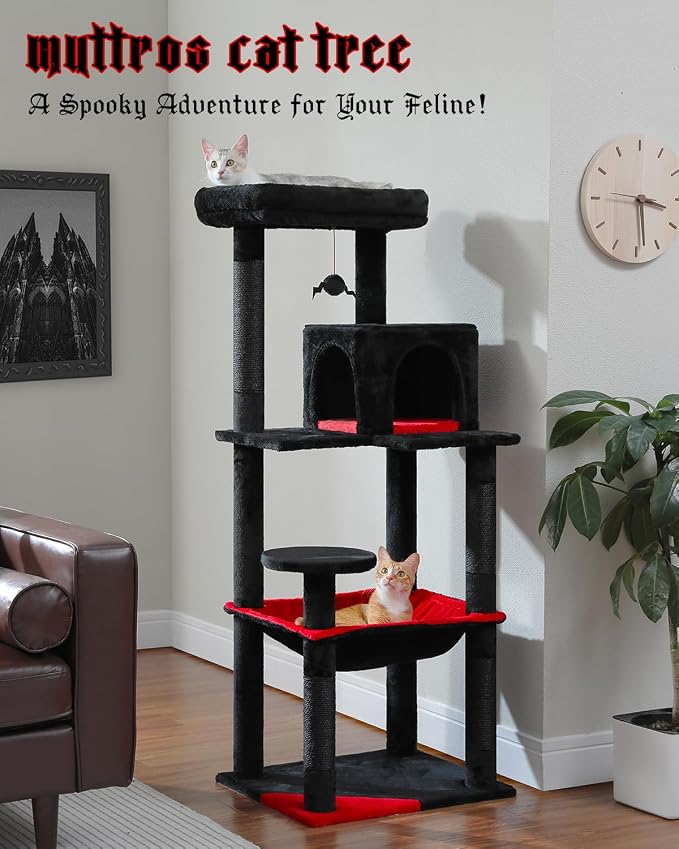 Gothic Cat Tree with Super Large Hammock, 56.3" Black Cat Tower with Coffin Bed - Image 2