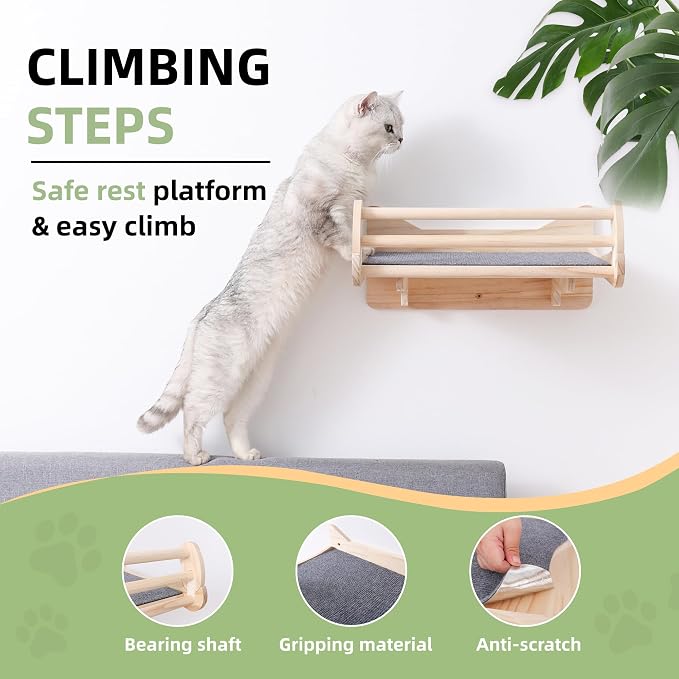 Pine Cat Wall Shelves with Scratch Mat, Wall-Mounted Cat Shelves, Space-Saving - Image 4