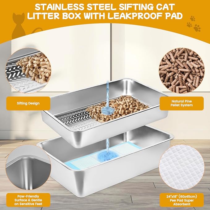 23.6''x15.7''x6'' Stainless Steel Sifting Litter Box, XL Large Metal Sifting - Image 4