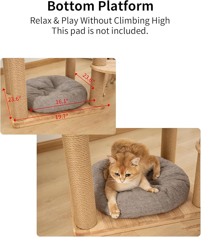 74" Wooden Cat Tree Tower for Large Cats, Cat Condo & Hammock, Natural Wood Cat - Image 10