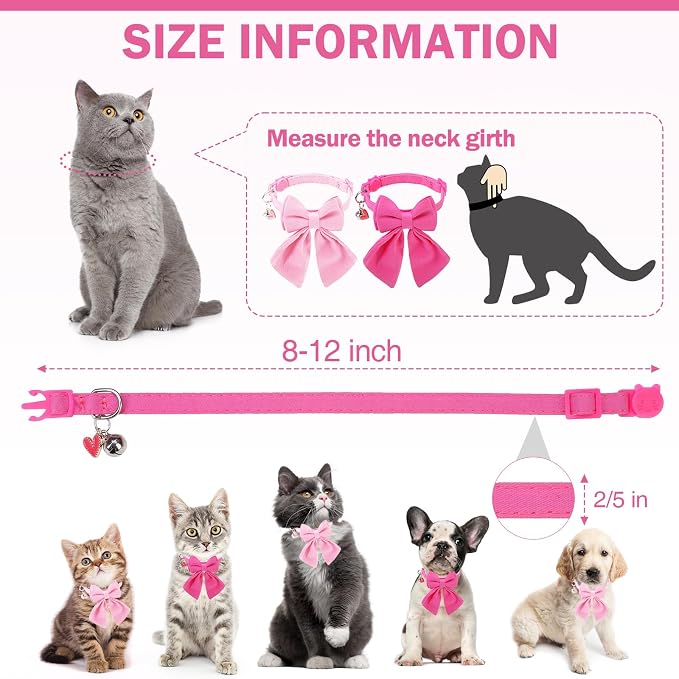 Cat Collar Breakaway with Bells, Soft Pure Cotton Pink Cat Bowtie Collar - Image 5