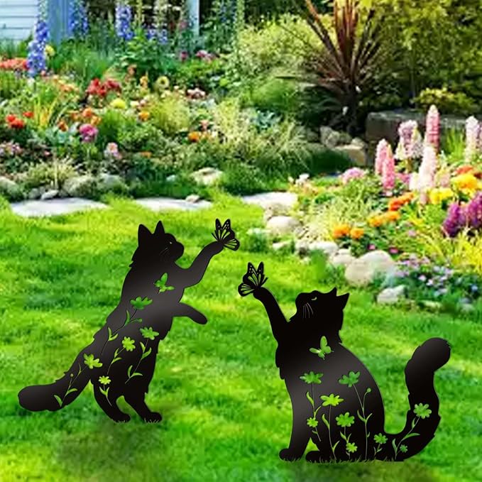 Bnesi Floral Long-Haired Cat Yard Decor Pet Grave Markers Metal Sign Silhouette - Image 5