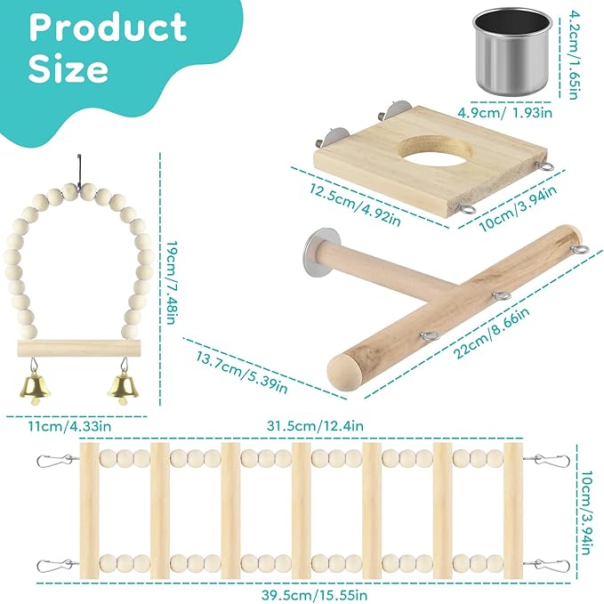 5in1 Bird Perch Ladder with Swing, Natural Wood Parrot Perches Platform with - Image 2