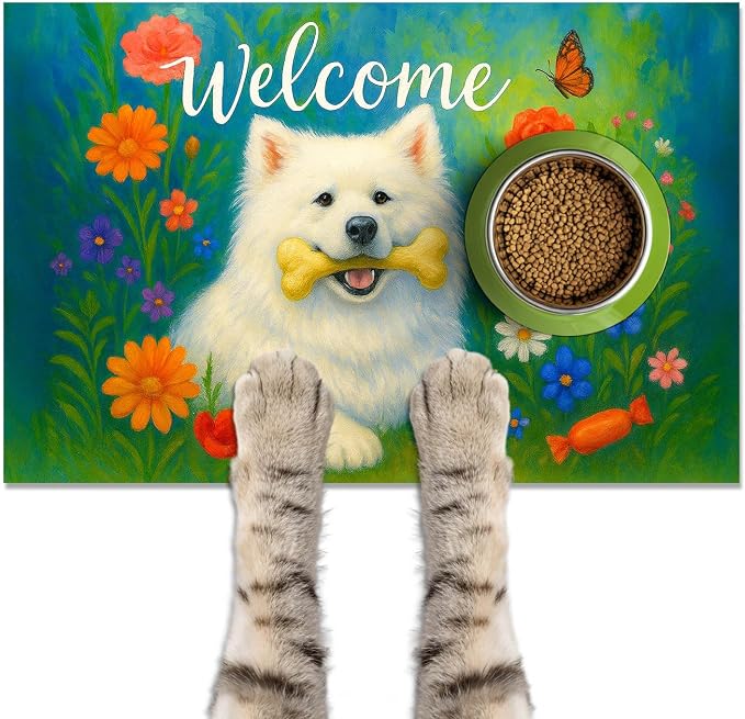 Welcome Spring Pet Feeding Mat 24" x 16"White Dog Floral Design Non Slip Cat by HOMETITUTE
