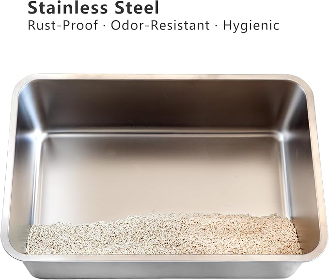 Stainless Steel Cat Litter Box Set, Includes Catnip Fish Toy & Wand Feather Toy - Image 4