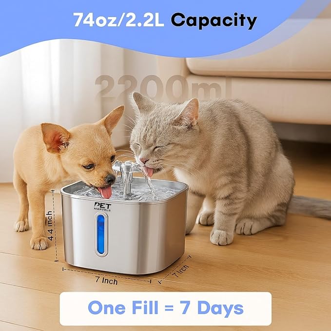 Stainless Steel Cat Water Fountain – 2.2L/74oz Ultra-Quiet Pump, Visible Water - Image 3