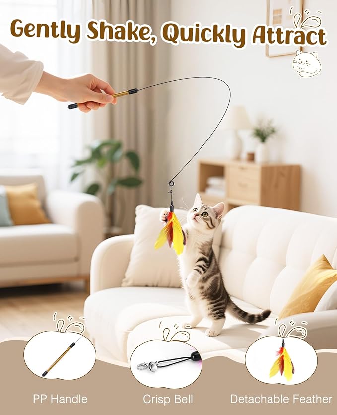 Pawaboo Feather Teaser Cat Toy, Interactive Feather Wand Cats Toy Flying - Image 3