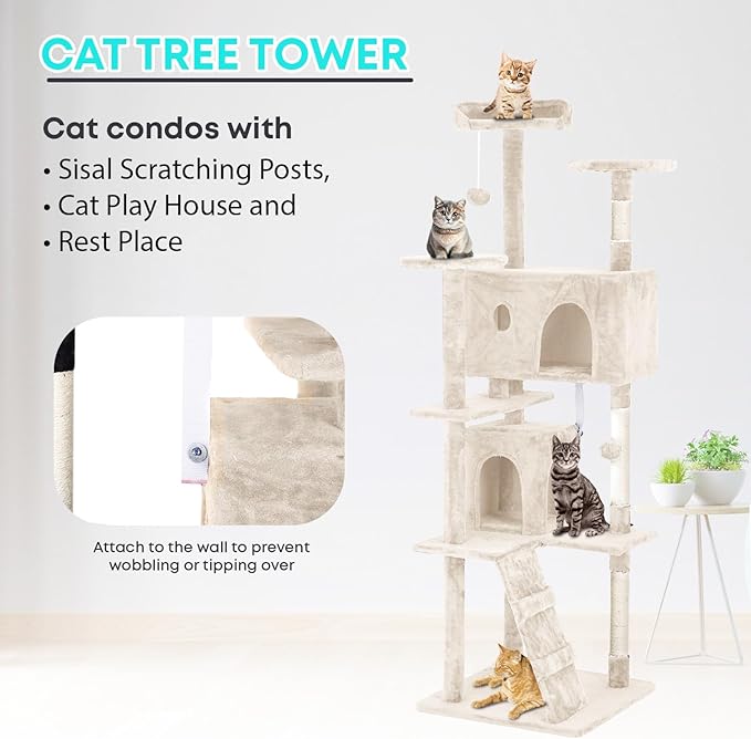 FDW | 70" Cat Tree Tower | Beige | Multi-Level Indoor Activity Center - Image 6