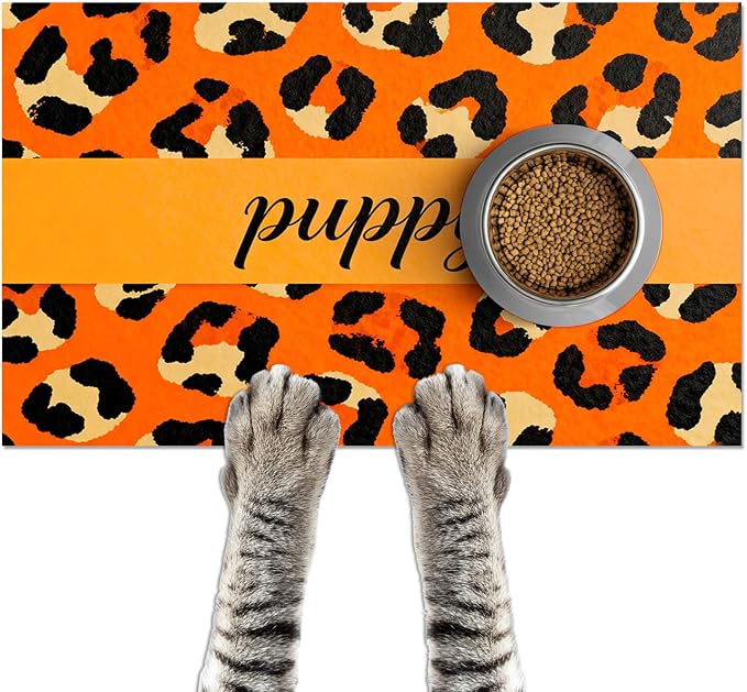 Puppy Feeding Mat 24x16 inch Orange Leopard Print Pet Bowl Placemat Non Slip by HOMETITUTE
