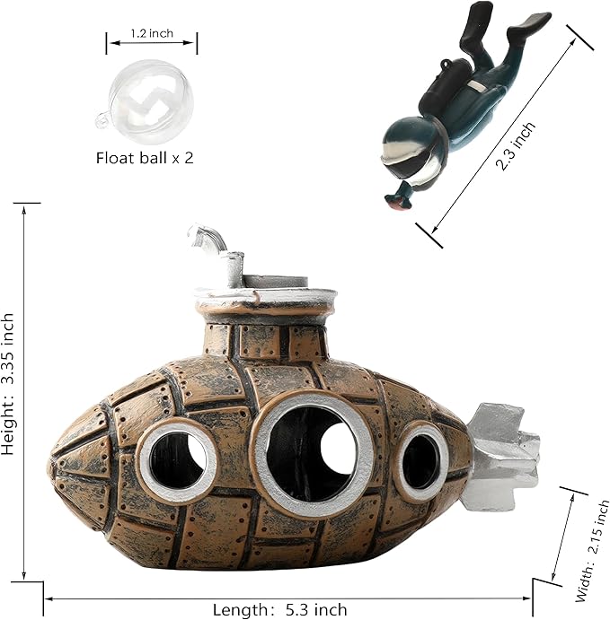 Floating Fish Tank Decoration, LittleCute Retro Submarine AquariumDecoration - Image 4