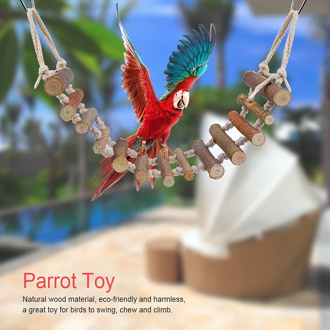 Joyzan Rope Ladder Bird Toy, Wood Stairs Climbing Activity Attachment Natural - Image 5