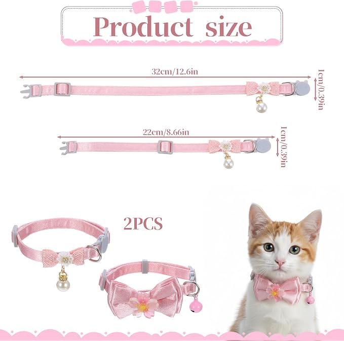 Larrel 2 Pcs Pink Cat Collar Bow, Adjustable Comfortable Pearl Cat Collar - Image 2