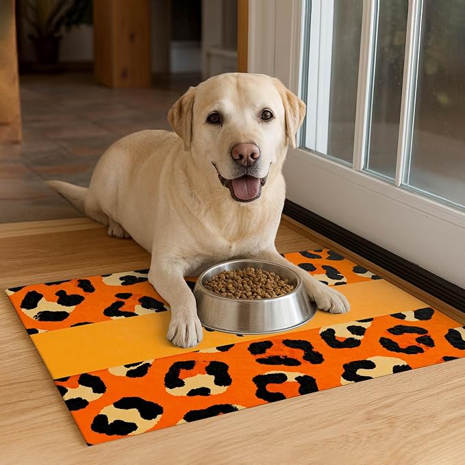 Puppy Feeding Mat 24x16 inch Orange Leopard Print Pet Bowl Placemat Non Slip - Image 4