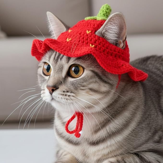2PCS Strawberry Cat Hats Cute Flower Crochet Hats - Image 4