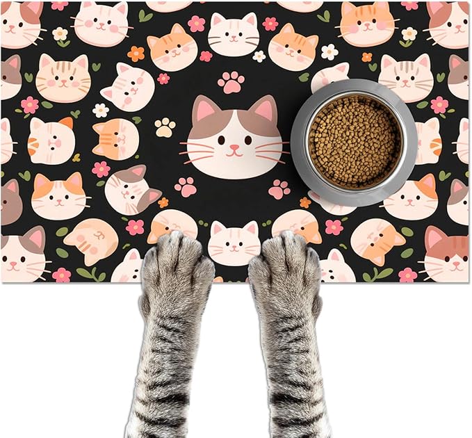 Cat Feeding Mat 24x16 inch Black Kitten Print Pet Bowl Placemat Non Slip Floor by HOMETITUTE