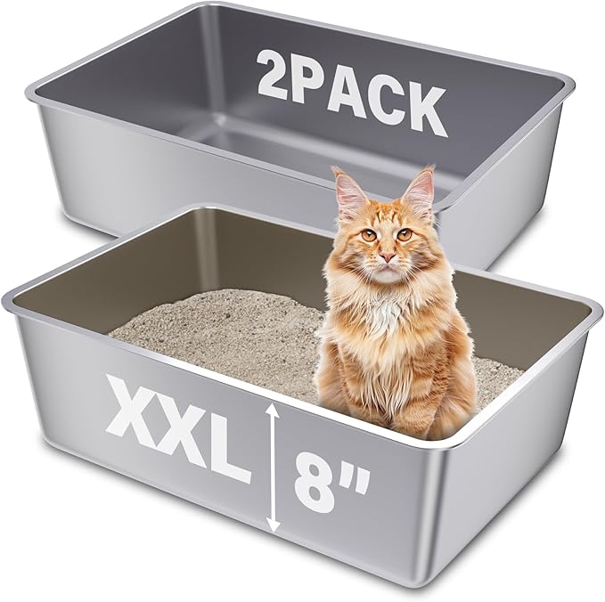 2 Pack Stainless Steel Cat Litter Box, 23.6"x15.8"x8" XXL Stainless Steel by Futam