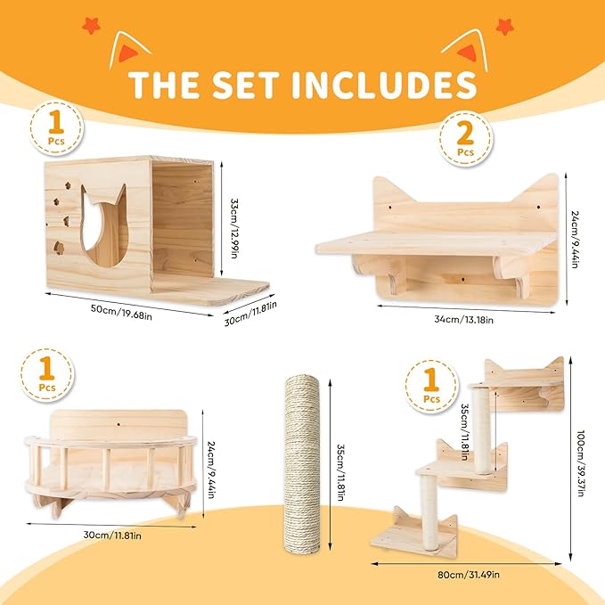 Cat Wall Shelves for Large Cats – 9-Piece Wooden Wall-Mounted Cat Shelves Set - Image 2