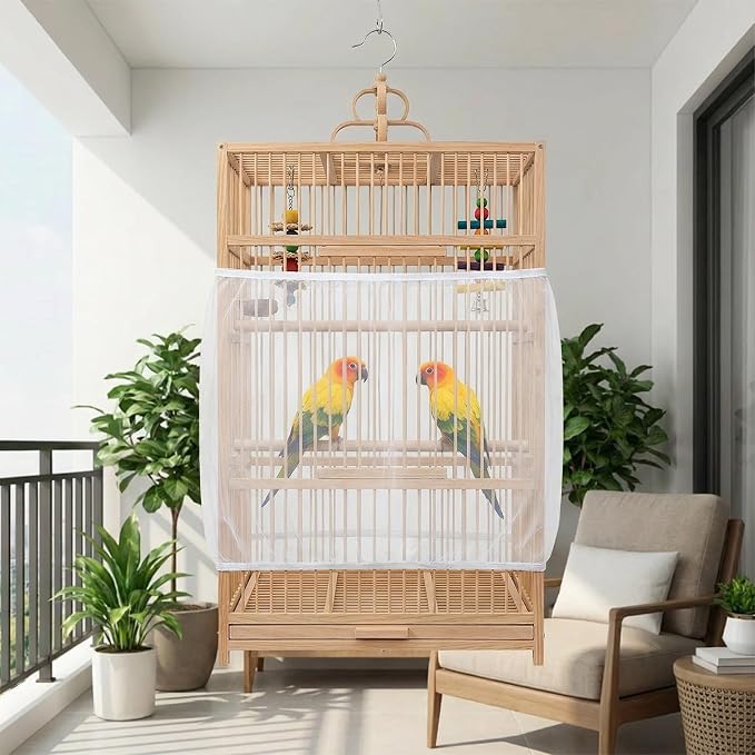 Bird Cage Seed Catcher, Adjustable White Bird Cage Net Birdcage Cover Skirt - Image 3