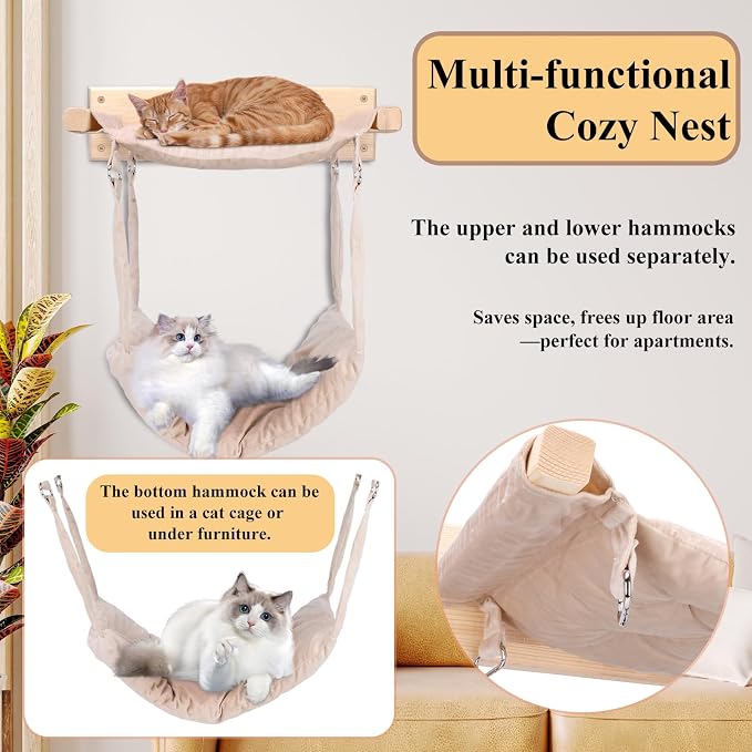 JSPYFITS Wooden Cat Wall Hammock, 18.9 x 12.6 Inch Double Layer Cat Furniture - Image 3
