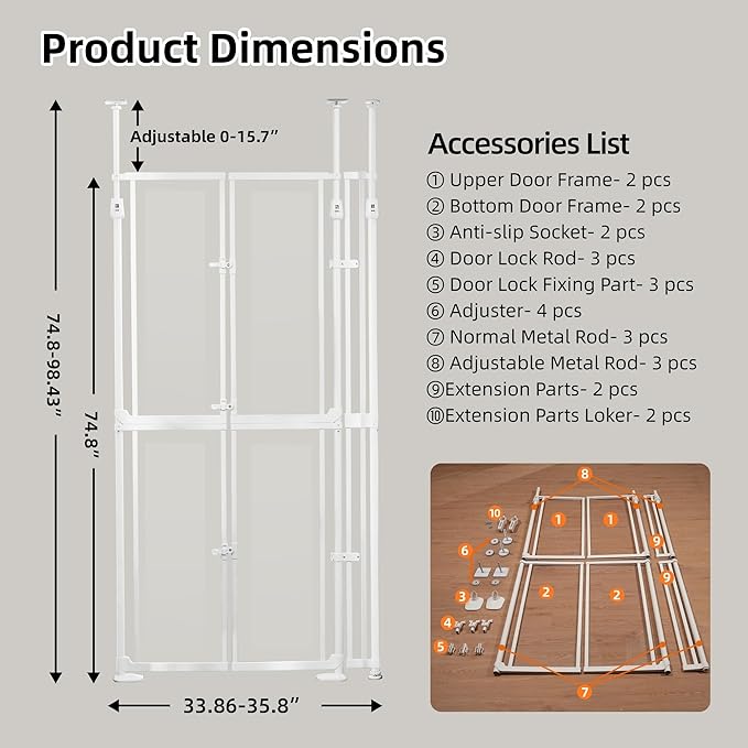 74.80-98.43'' Extra Tall Cat Gate, Adjustable 33.86” and 35.80" Wide, - Image 6
