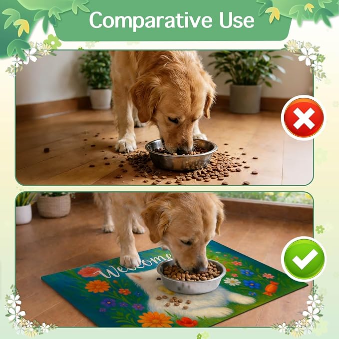 Welcome Spring Pet Feeding Mat 24" x 16"White Dog Floral Design Non Slip Cat - Image 7