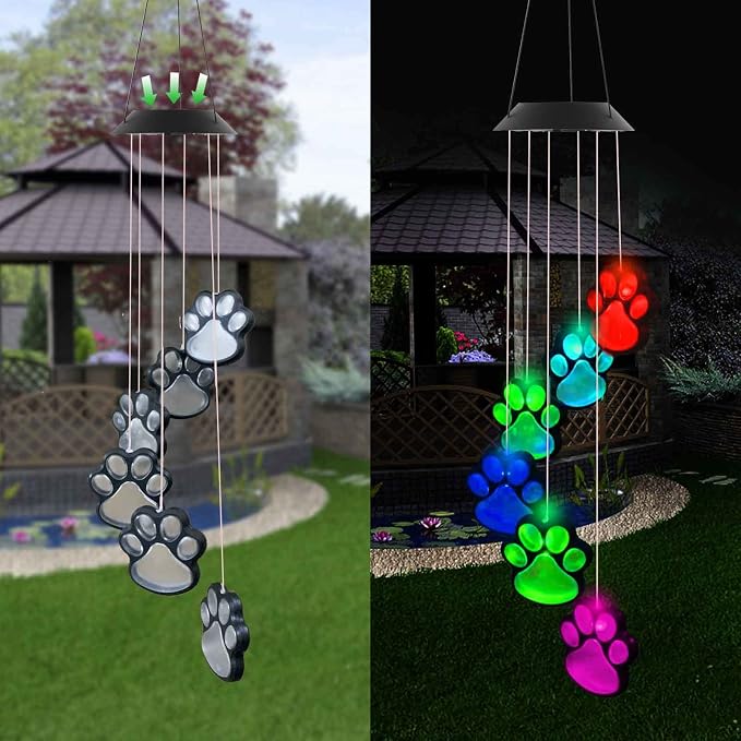 Paw Print Solar Wind Chimes, Color Changing Outdoor Paw Print Solar Lights - Image 2