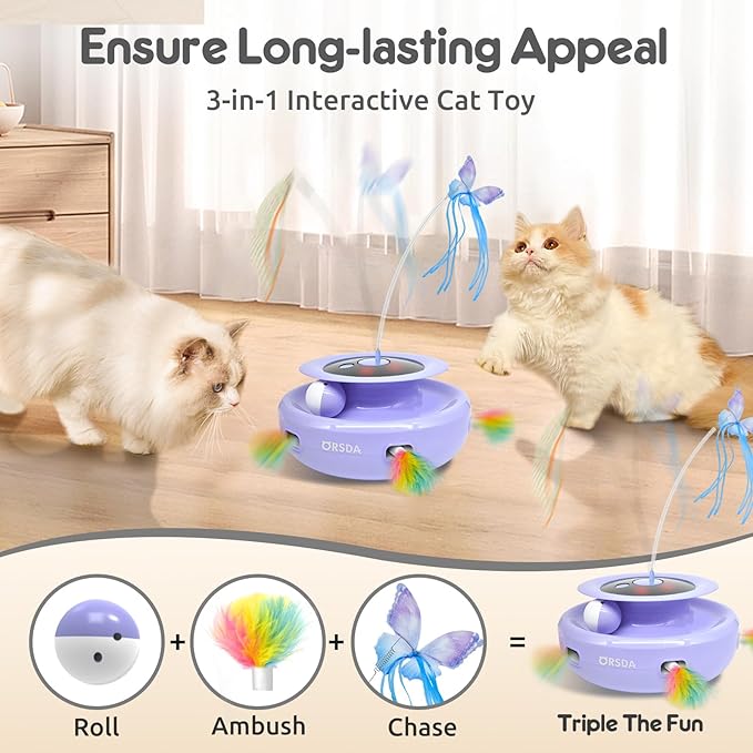 ORSDA Cat Toy, 3-in-1 Automatic Interactive Electronic Moving Ambush Feather - Image 2