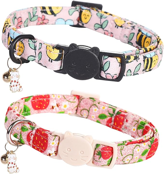 Cat Collar-2 Pack Cat Collars bee & Strawberry Cat Collar Breakaway by BoboRainbow
