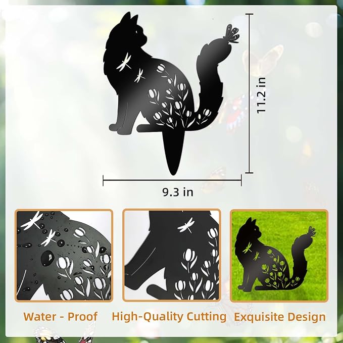 Bnesi Floral Long-Haired Cat Yard Decor Pet Grave Markers Metal Sign Silhouette - Image 3