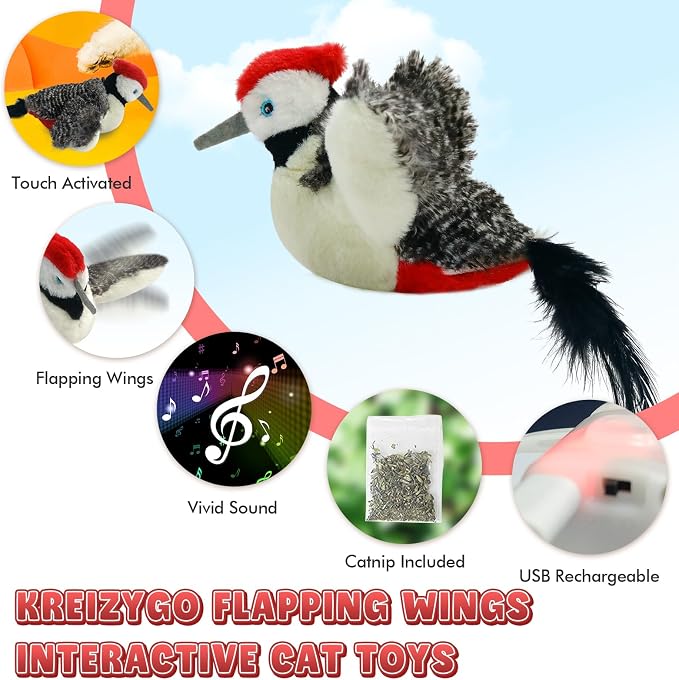 Cat Toys, Flapping Wings Woodpecker, No Flying, Chirping Bird Interactive - Image 2
