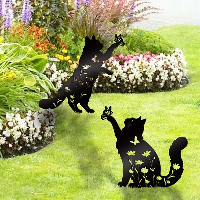 Bnesi Floral Long-Haired Cat Yard Decor Pet Grave Markers Metal Sign Silhouette - Image 4