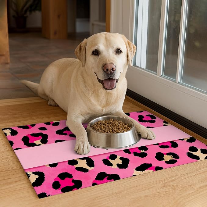 Puppy Feeding Mat 20x12 inch Pink Leopard Print Dog Bowl Placemat Non Slip Mat - Image 4