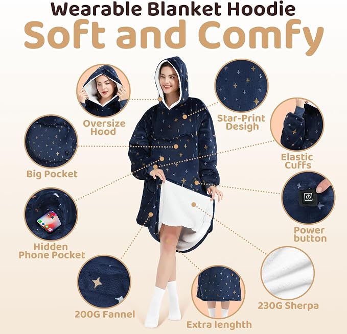 Mewaii Wearable Blanket Hoodie for Adults, Warm Sherpa & Soft Flannel Long - Image 6