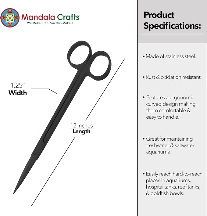 Mandala Crafts 12 Inches Black Stainless Steel Straight Aquarium Scissors - Image 3