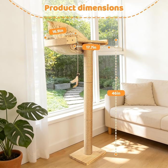 46" Cat Window Perch with 3 Adjustable Sisal Scratching Posts, Drill-Free - Image 3