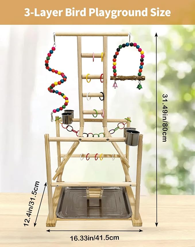 Bird Play Stand, Large Parakeet Playground, Natural Wood Parrot Perch Stand - Image 2