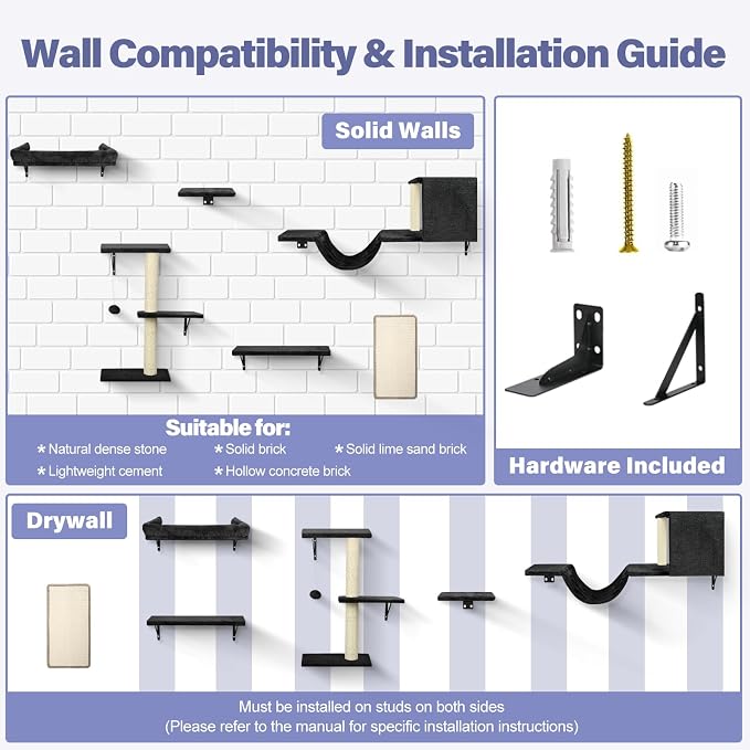 Cat Wall Shelves, Stable & Safe 6 in 1 Cat Furniture Set Black, - Image 5