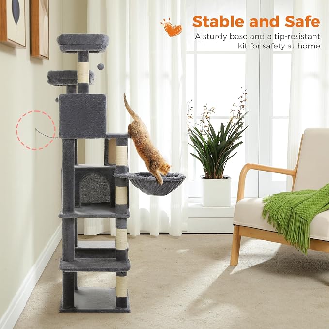 70.8" Tall Cat Tree for Large Cats, 2 Top Perches, Big Condo, Large Hammock - Image 6